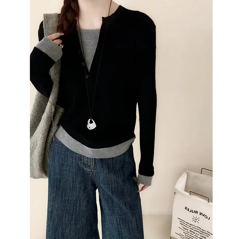 Осень-зима 2024 новый дизайн сложенный лоскутный пуловер из двух предметов