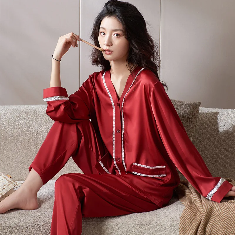 Pajamas Women's Spring and Autumn New Long Sleeve Ice Silk Thin Outer Wear Red for Women Suit Wedding Set Spring and Summer Home