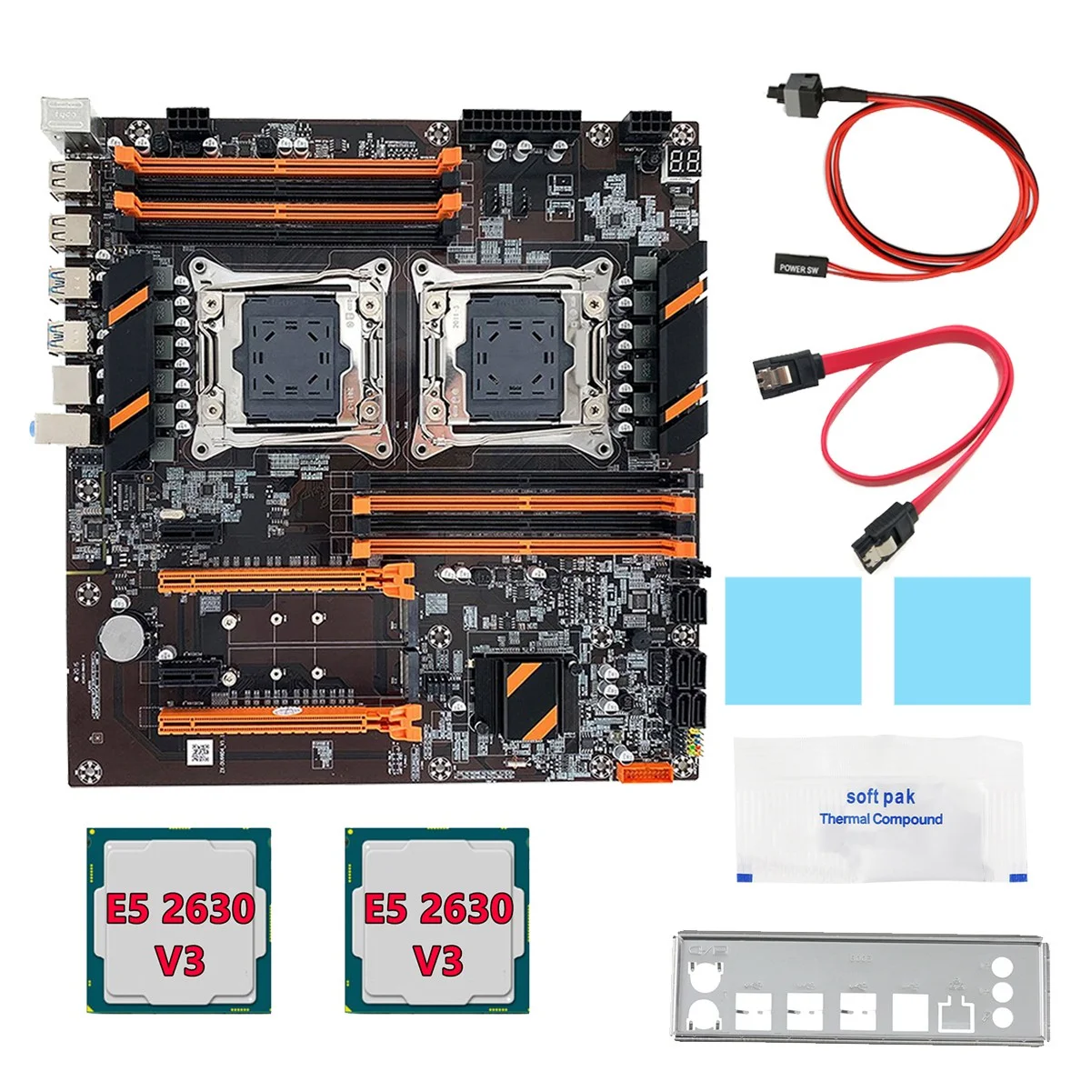 

X99 Dual CPU Motherboard+2XE5 2630 V3 CPU+SATA Cable+Baffle+Thermal Grease LGA 2011 8XDDR4 Slot Support 2011 V3 CPU