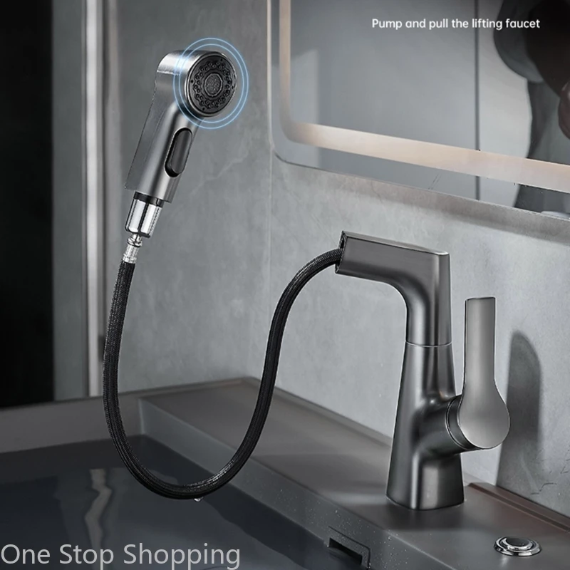 Bathroom Sink Faucet with Pull Out Sprayer Single Handle Hole Adjustable Height Rotating Spout