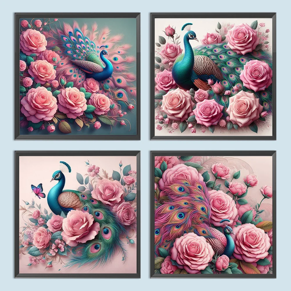 Алмазная картина с розовыми пионами и цветами новинка 2024 пейзаж зеленым павлином