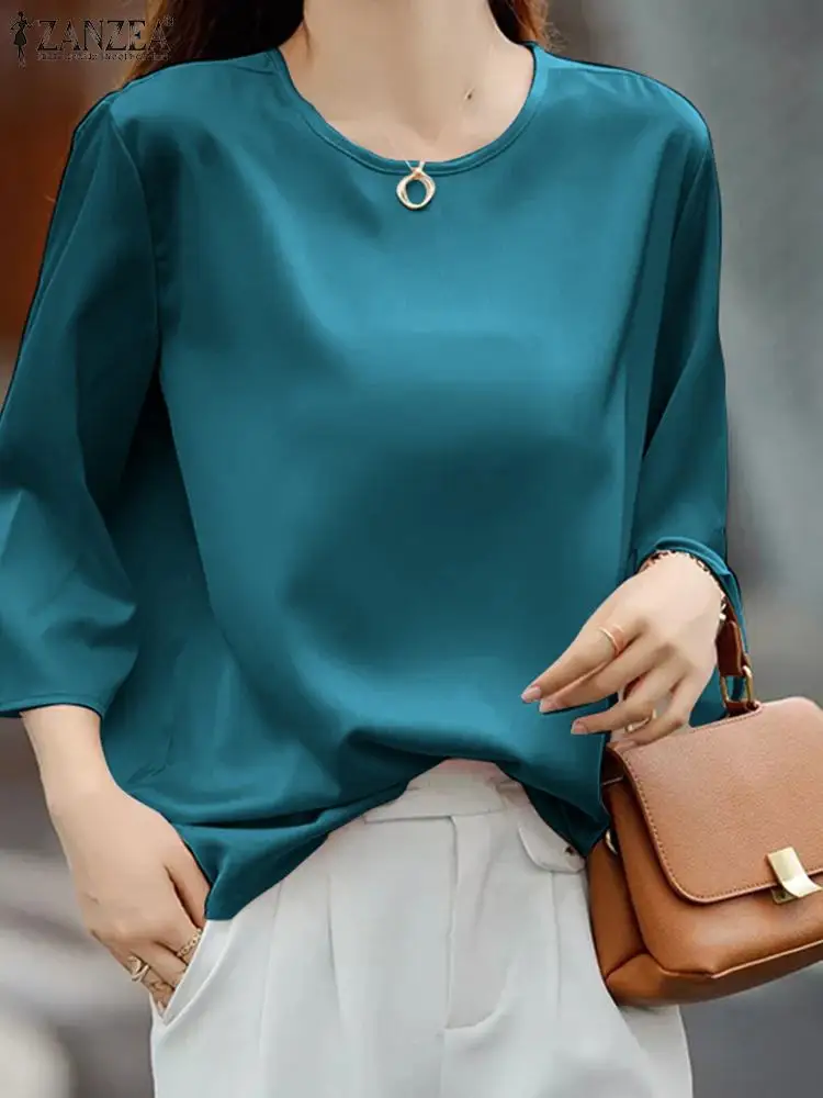 

Блузка ZANZEA Женская атласная с коротким рукавом, модный топ с круглым вырезом, Повседневная Туника, большие размеры, лето 2023