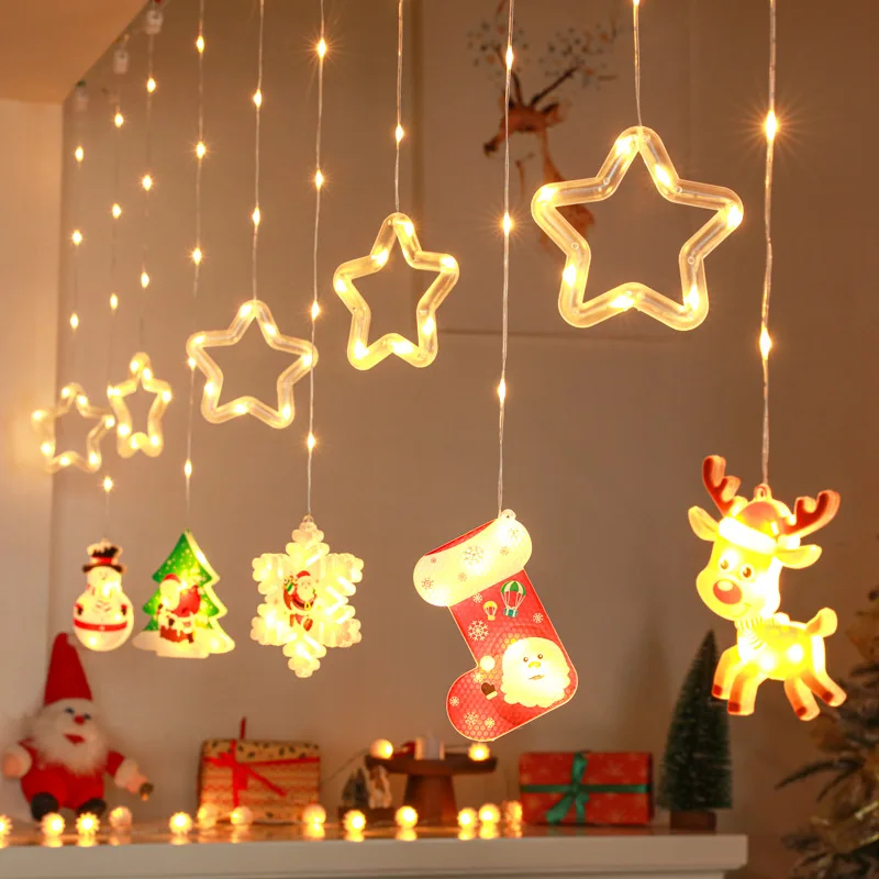 

Christmas Decoration Ice Strip Light LED Flashing Lamp String Five-Pointed Star Rubber-Covered Wire Curtain Light Christmas Tree
