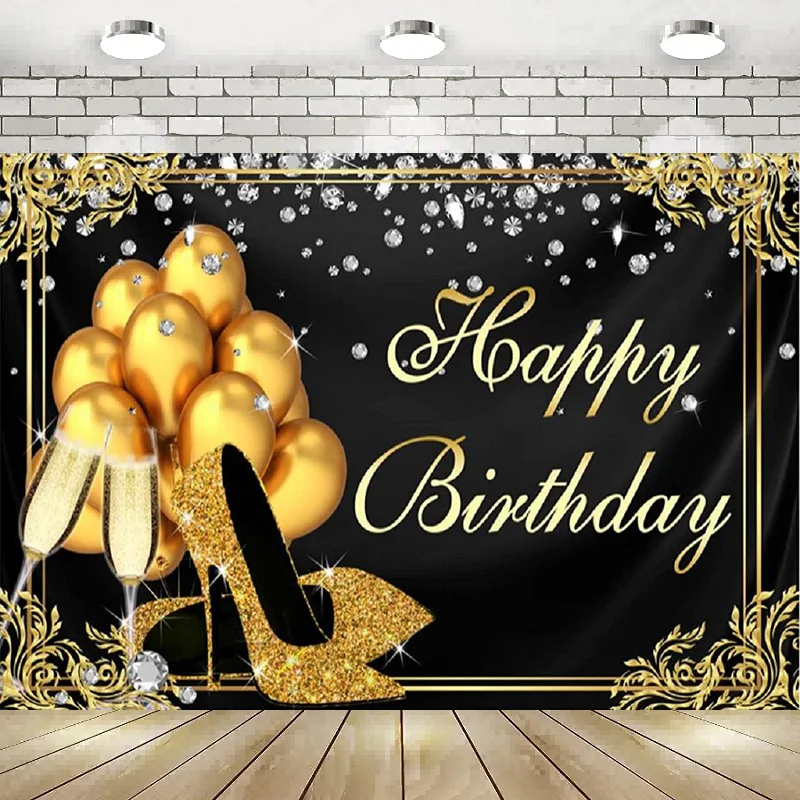 

InMemory Happy Birthday Photography Backdrop Black Gold Balloons Shining Diamond Background Golden Heels Champagne Banner Decor