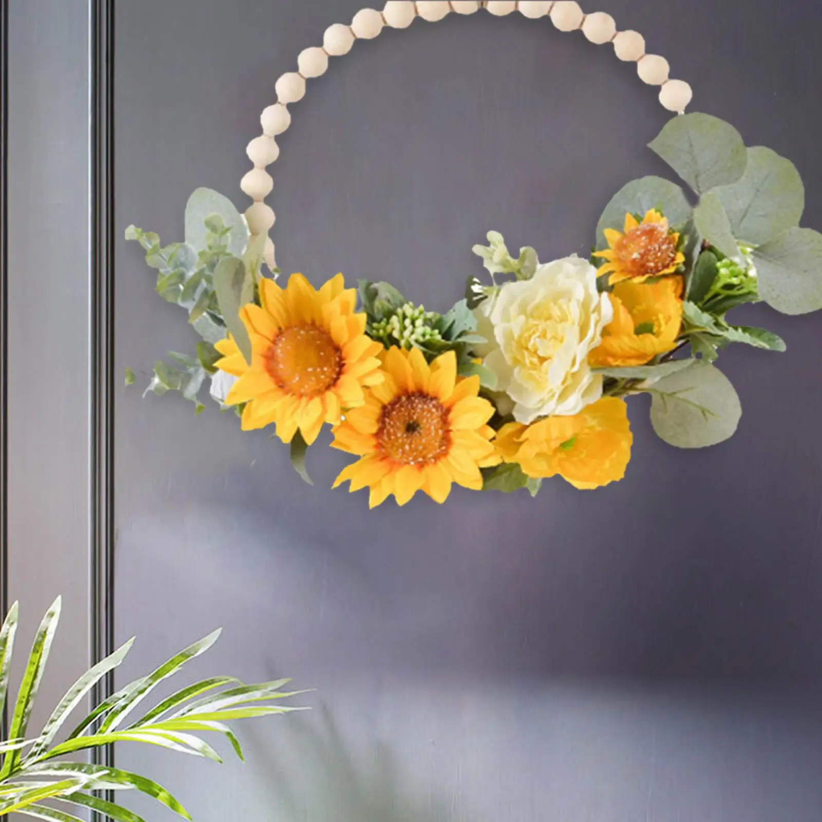 

Nordic Style Artificial Wooden Beads Wreath Eucalyptus Leaf Wreath Floral Wreath for Window Door Holiday Garden Decor