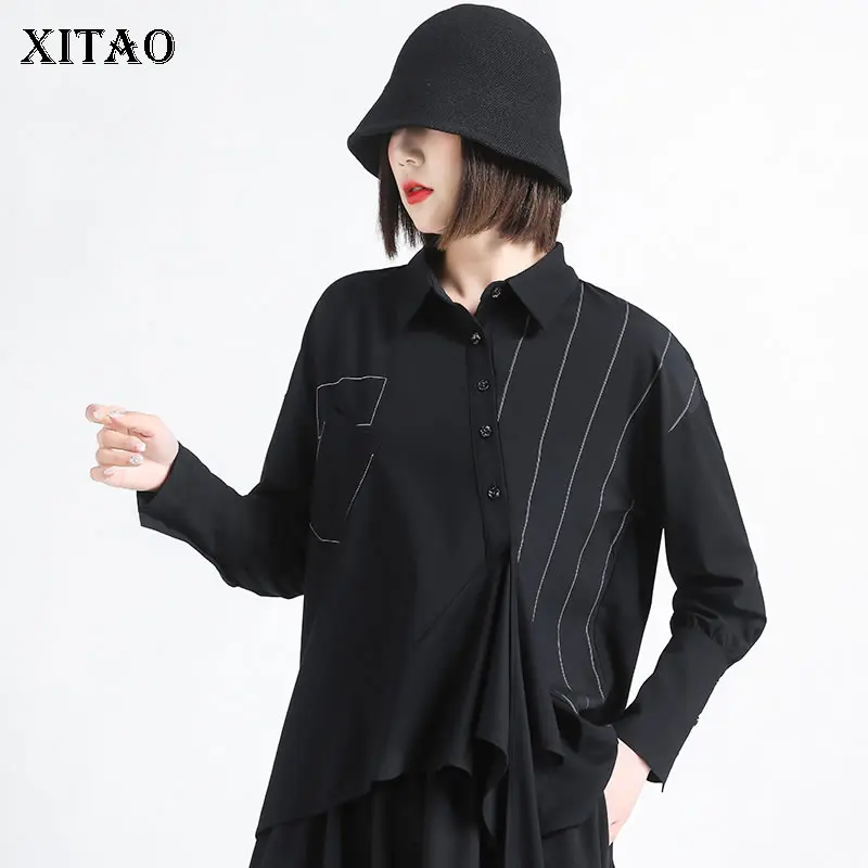 

XITAO Asymmetrical Stripe Skirt Fashion Personality Splicing Single Breasted Black New Women Top Spring Long Sleeve WMD4920