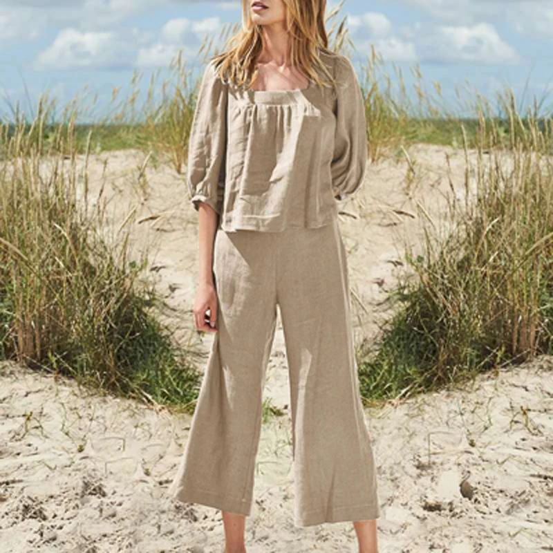 

Spring Square Collar Half Sleeve Blouse & Straight Trousers Suit Autumn Solid Cotton Linen Women Sets Elegant Female Retro 2pcs
