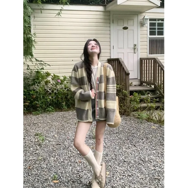 Элегантный винтажный полосатый свитер с цветными блоками куртка для женщин