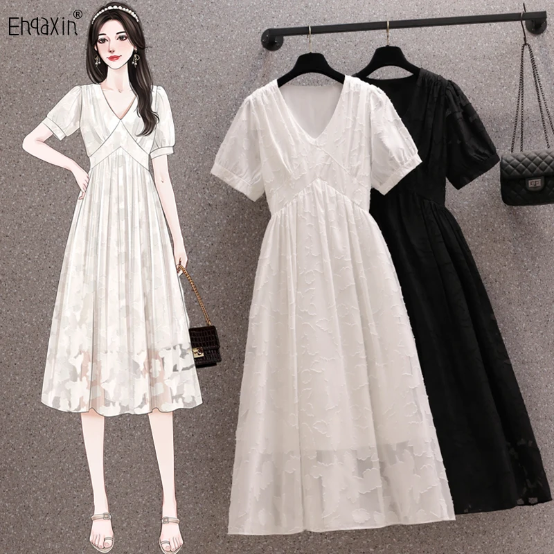 EHQAXIN Elegant Women's Dress Fashion 2023 Summer New Gentle V-Neck Print A-Line Short Sleeve Dresses For Ladies M-4XL