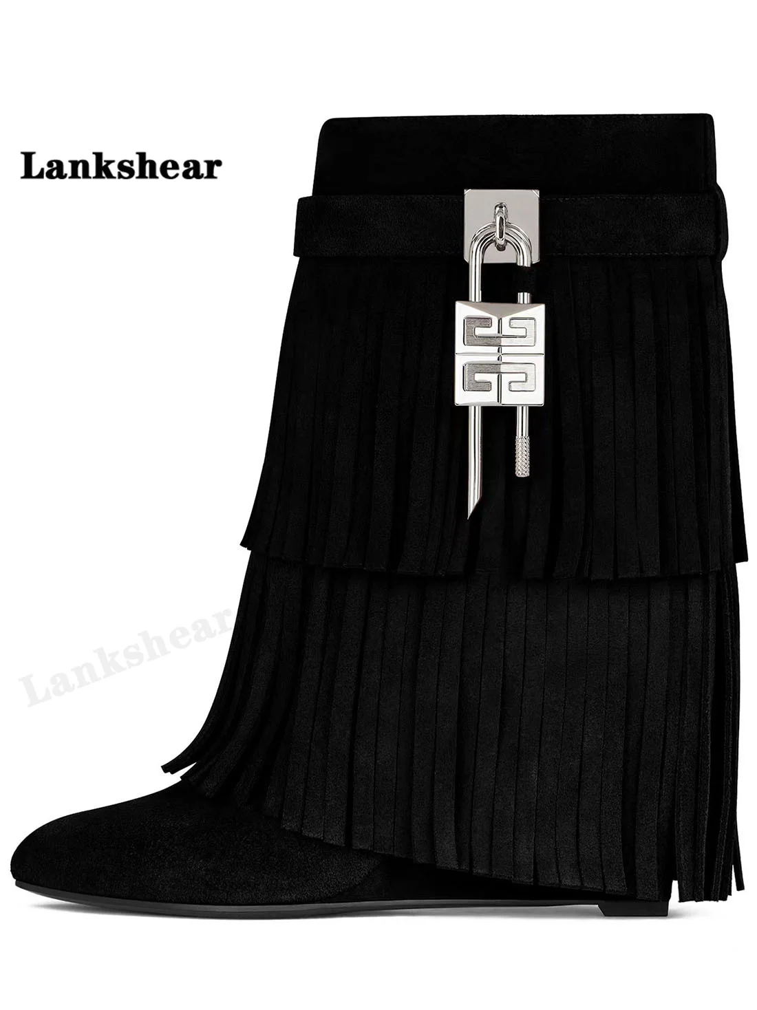 2022 Winter New Round Toe Wedge Heel Woman Boots Thick Bottom Suede Tassel Lock Decoration Large Size Short Boots Tassel Boots