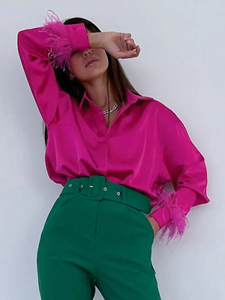 

2022 New Spring Casual Loose Lady Tops Feather Cuffs Satin Women Shirt Fashion Lapel Button Long Sleeve Office Ladies Shirts