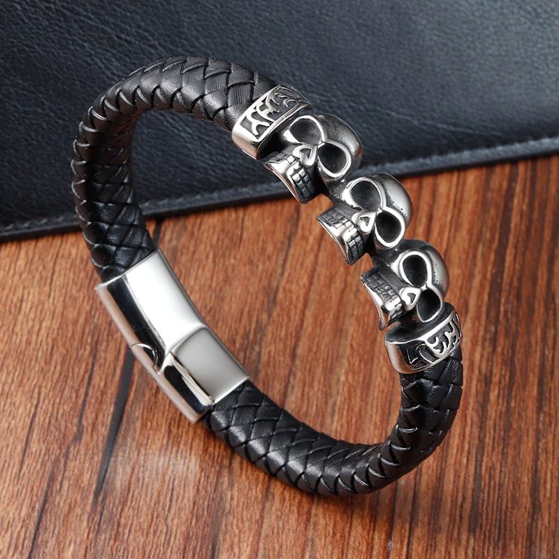 

Genuine Leather Bracelet Bangle Double Skull Charm Bracelet Men Women Woven Leather Rope Jewelry Gift with Delicate Box