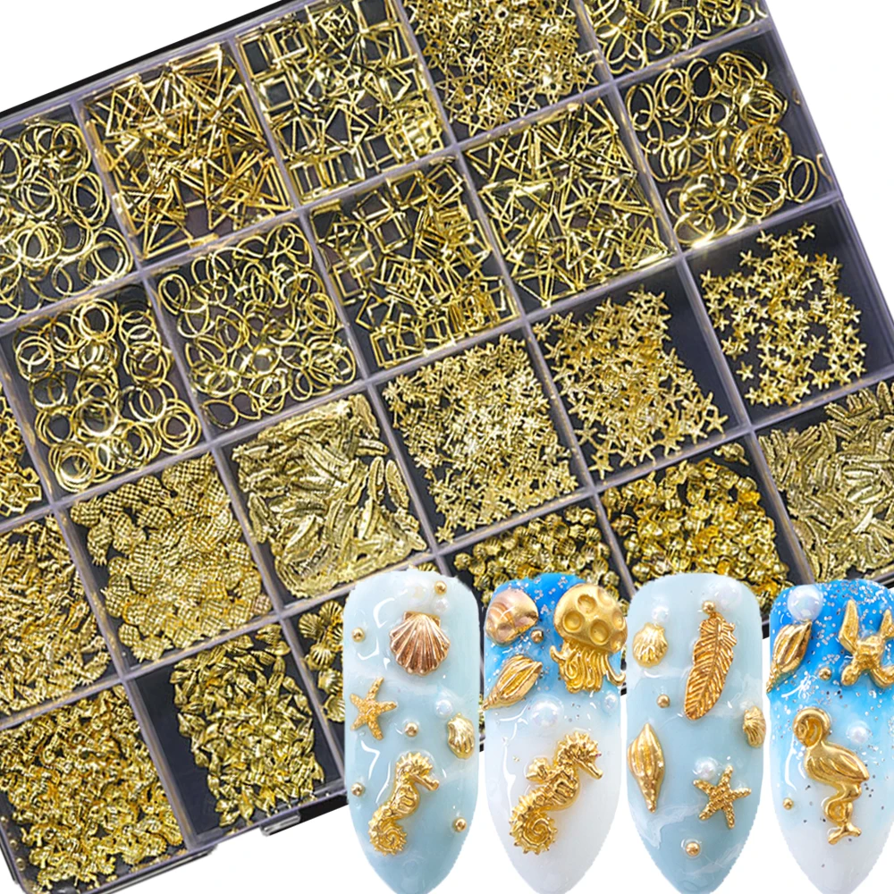 

2400pcs Tropical Nail supply Metallic studs /ocean Sea Shell Star Feather Charm Metal Frame Rivet Nail Sequin Accessories BE25-2
