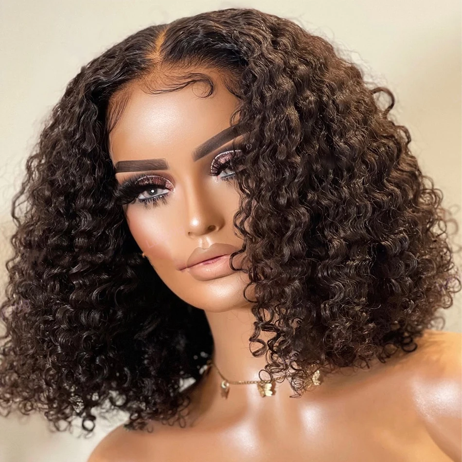 

Natural Black Short Bob Glueless Soft 180% Density Kinky Curly Preplucked Deep Lace Front Wig For Women BabyHair Daily Cosplay