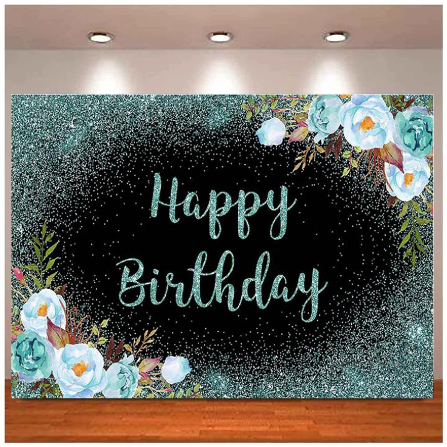 

Photography Backdrop For Girls Women Happy Birthday Party Background Teal Green Floral Rose Gold Glitters Confetti Bday Decor