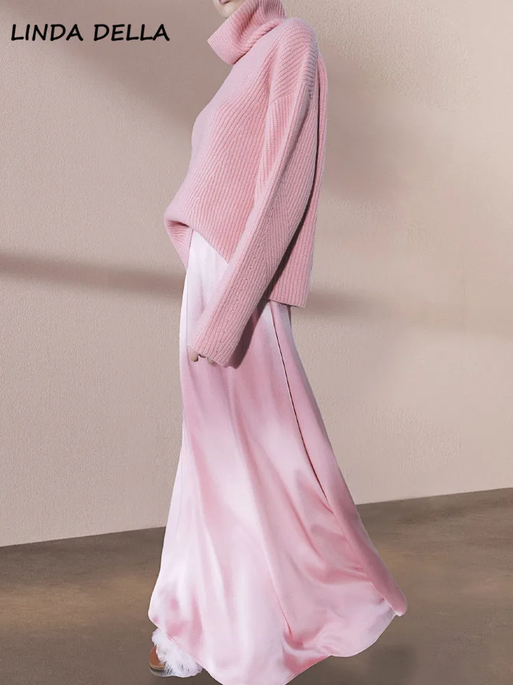 

LINDA DELLA Winter Runway Fashion Designer Vintage Romance Pink Thickening Slight Strech Sweater Women Turtleneck Loose Sweater