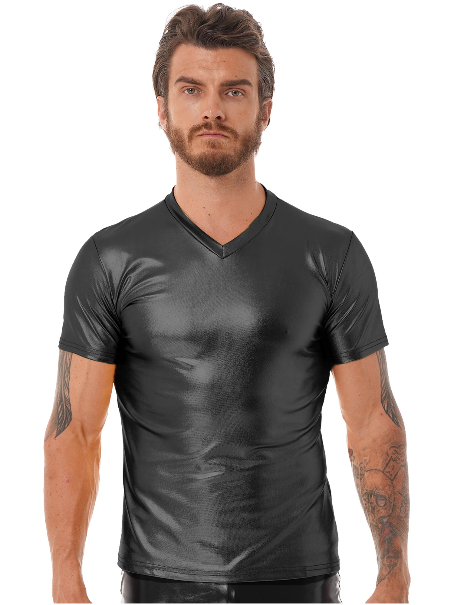 Мужская Блестящая футболка с коротким рукавом и V-образным вырезом | одежда