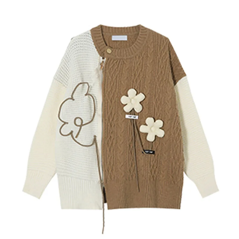 

Женский винтажный вязаный свитер, Свободный пуловер составного кроя с длинным рукавом, круглым вырезом и молнией, джемпер с цветами, зима 2022