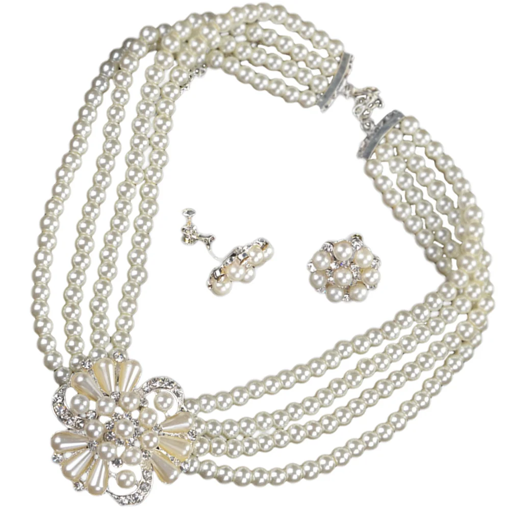 

1 Set Artificial Pearl Necklace And Earring Set Clip On Stud Costume