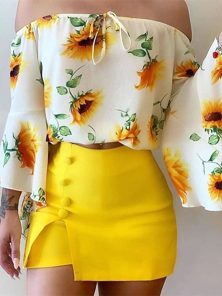 

Mandylandy Women Summer Elegant Skirt Suit Set Fashion Bell Sleeve Sunflower Print Off Shoulder Top Shirt & Skirt Two Piece Set