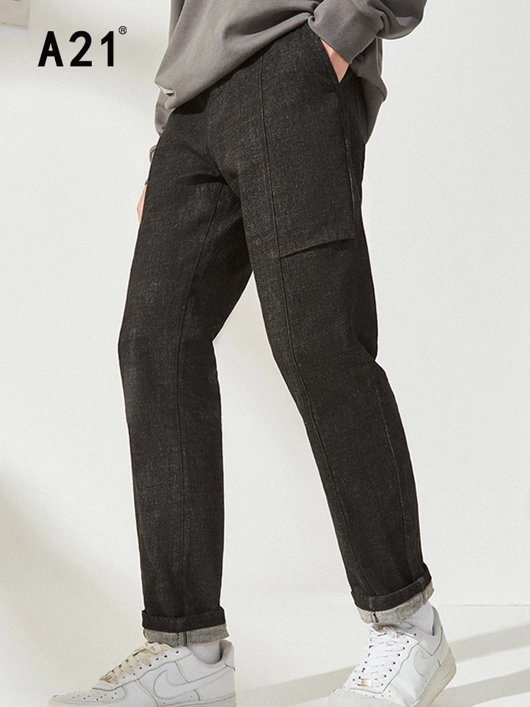 A21 Men Casual Vintage Jeans for Spring 2022 Fashion Straight Low Waist Black Denim Pants Male Elastic Slim Fit Jean Streetwear