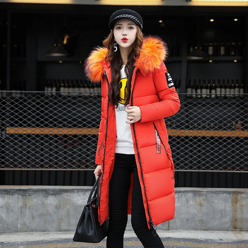 2023 Women's Down Parkas Winter Jacket Big Fur Collar Thick Slim Coat Fashion Hooded Cotton Outerwear Long Winter Woman Coat