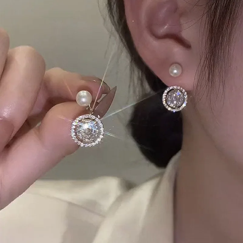 

Korean Fashion Golden Plating Silver Needle Pearl Zircon Grid Circle Stud Earrings Ear Rings for Women Luxury Jewelry Gift