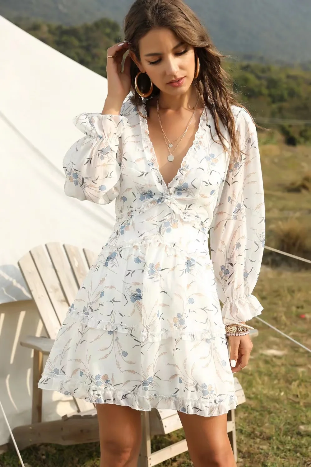 

European and American women's fashion short Floral Chiffon dress women's 2021 new summer cake skirt