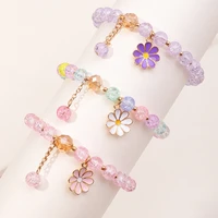 3pcsset korean summer cute purple pink beaded adjustable bracelet bangles for women girls small flower charm pendant bracelet