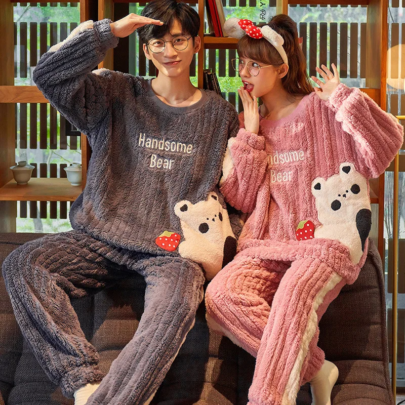 

Зимняя модная повседневная мягкая бархатная одежда для сна Yasuk для мужчин и женщин, домашняя одежда, парные пижамы с брюками, теплая Толстая Пижама с медведем