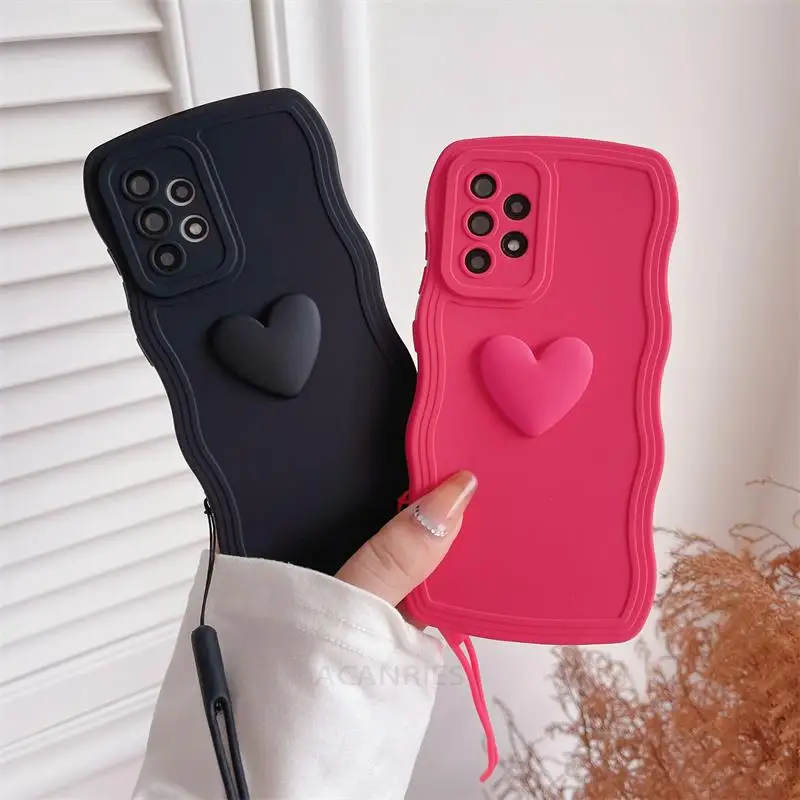 A 53 52 Love Heart Wavy Wrist Strap Silicone Case For Samsung Galaxy A52 A53 A54 A32 4g 5g A23 A33 A13 A34 A24 A73 Lanyard Cover