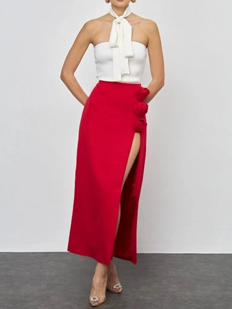 Юбка женская однотонная с разрезом высокой талией и аппликацией