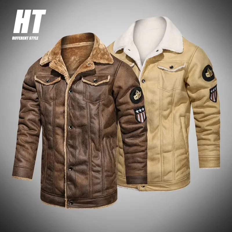 

NEW 2023 Winter New Leather Jacket Long Thick Fleece Retro Faux PU Leather Jackets Coat Men Embroidery Casual Warm Overcoat Park