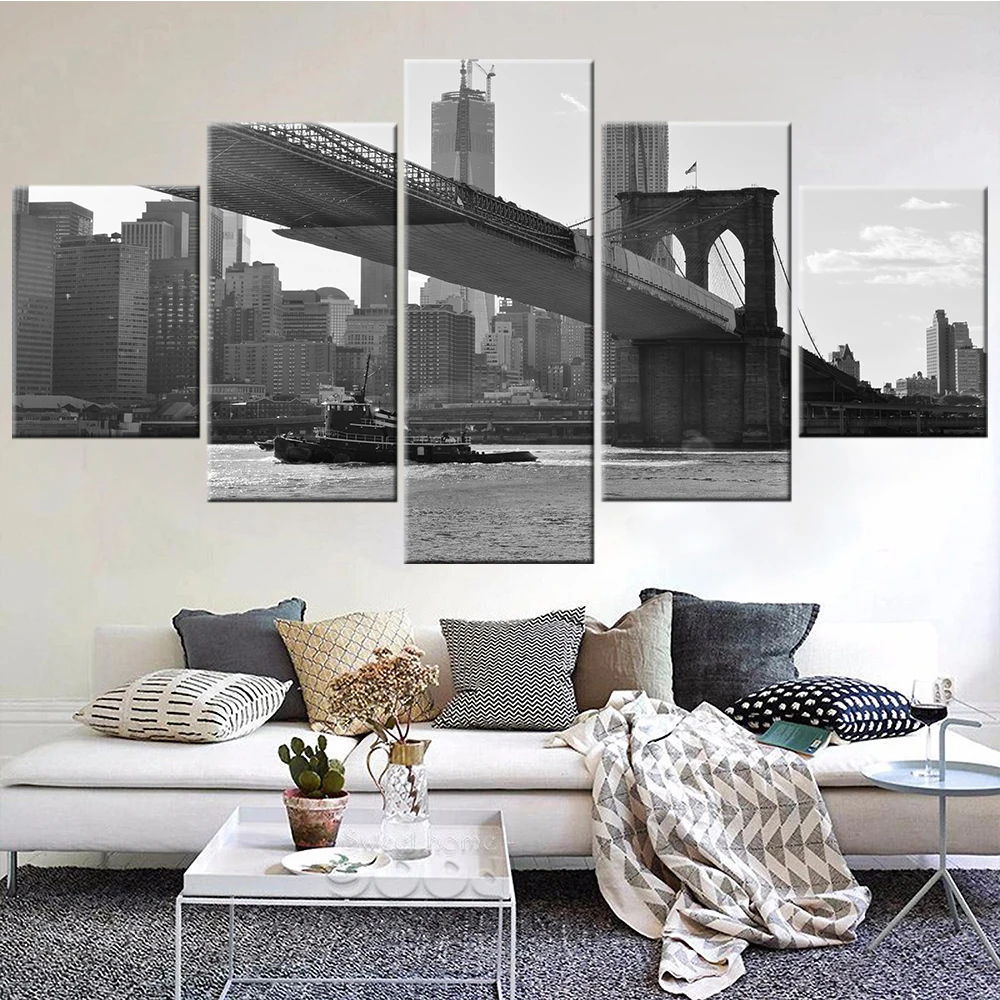 

Wall Art Canvas Prints 5 Piece Landscape Painting New York City View Brooklyn Bridge in Black and White Poster Home Decoration