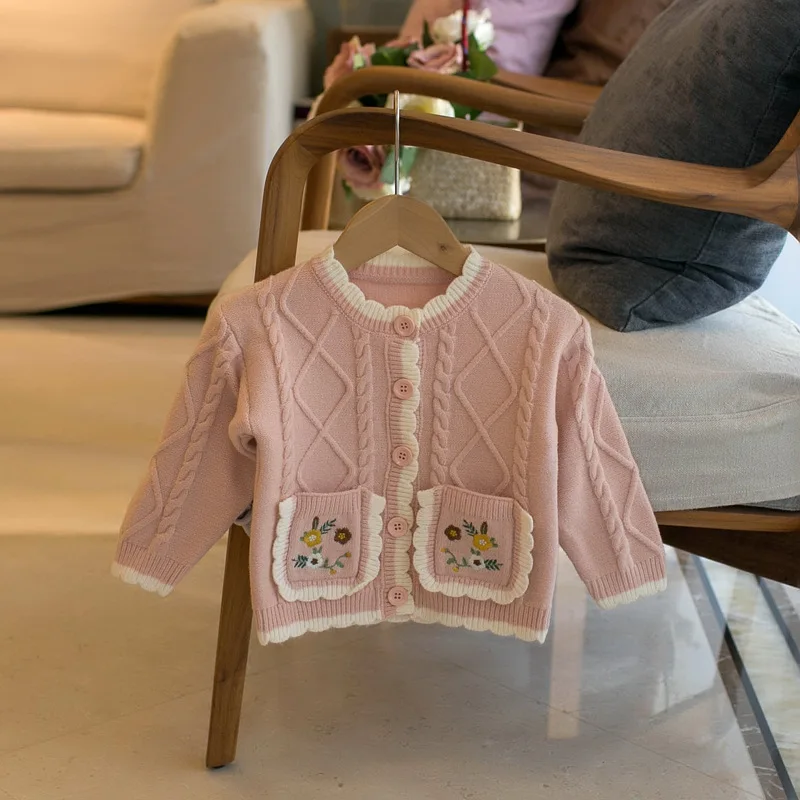

RiniKinda Autumn Baby Girls Coat Baby Sweater Toddler Knit Cardigans Newborn Knitwear Long-sleeve Embroidery Baby Jacket Tops