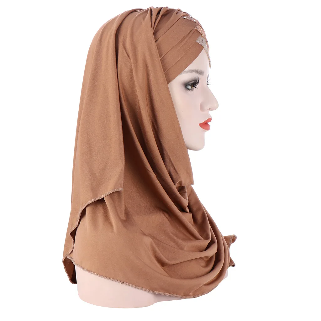 Muslim Women Khimar Sequin Decor Cross Forehead Scarf for Muslim Women Headwrap Ramadan Islamic Clothing