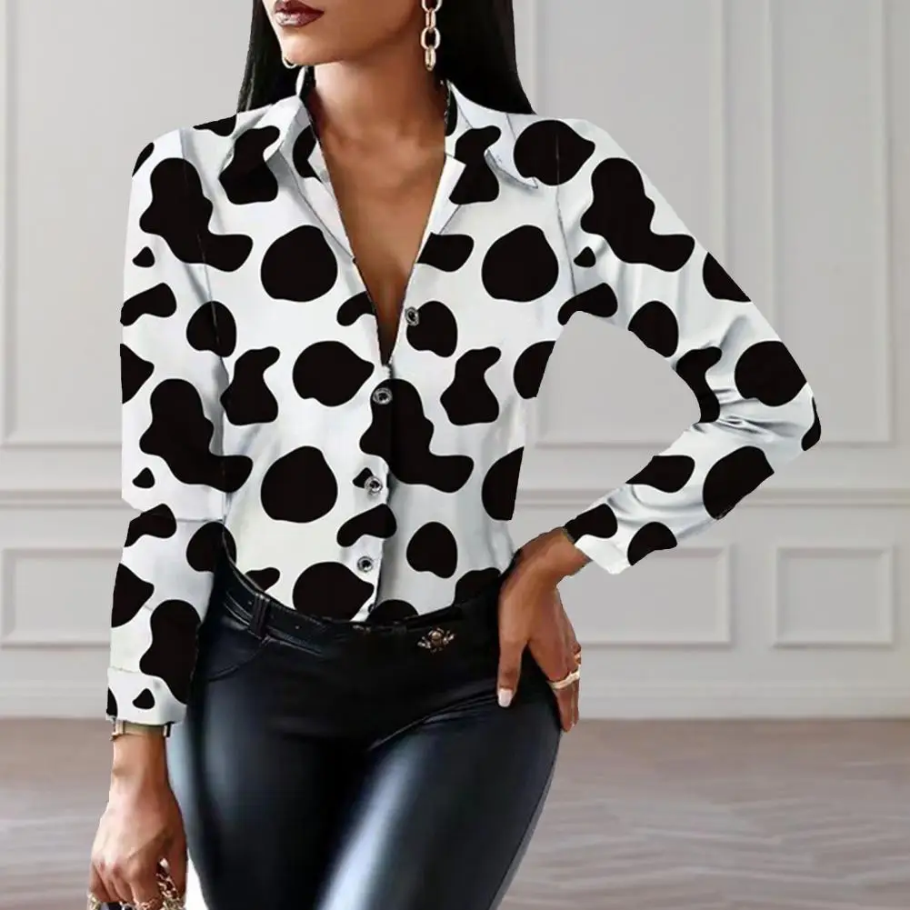 

Turn-down Collar Long Sleeve Single-breasted Women Shirt Milk Cow Printing Casual Office Shirt Top Female Clothing Blouses Blusa