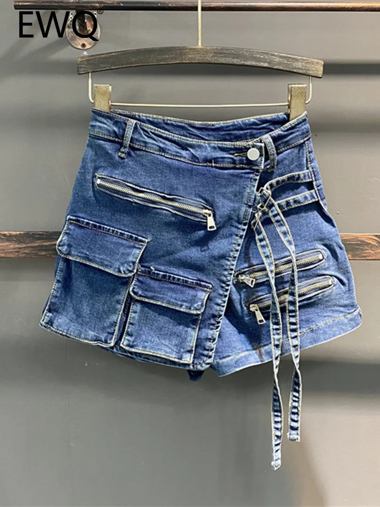 

EWQ Korean Irregular Pocket Streetwear Denim Shorts Women's 2023 Summer New Tide Bandage Zipper Spliced High Waist Short Jeans