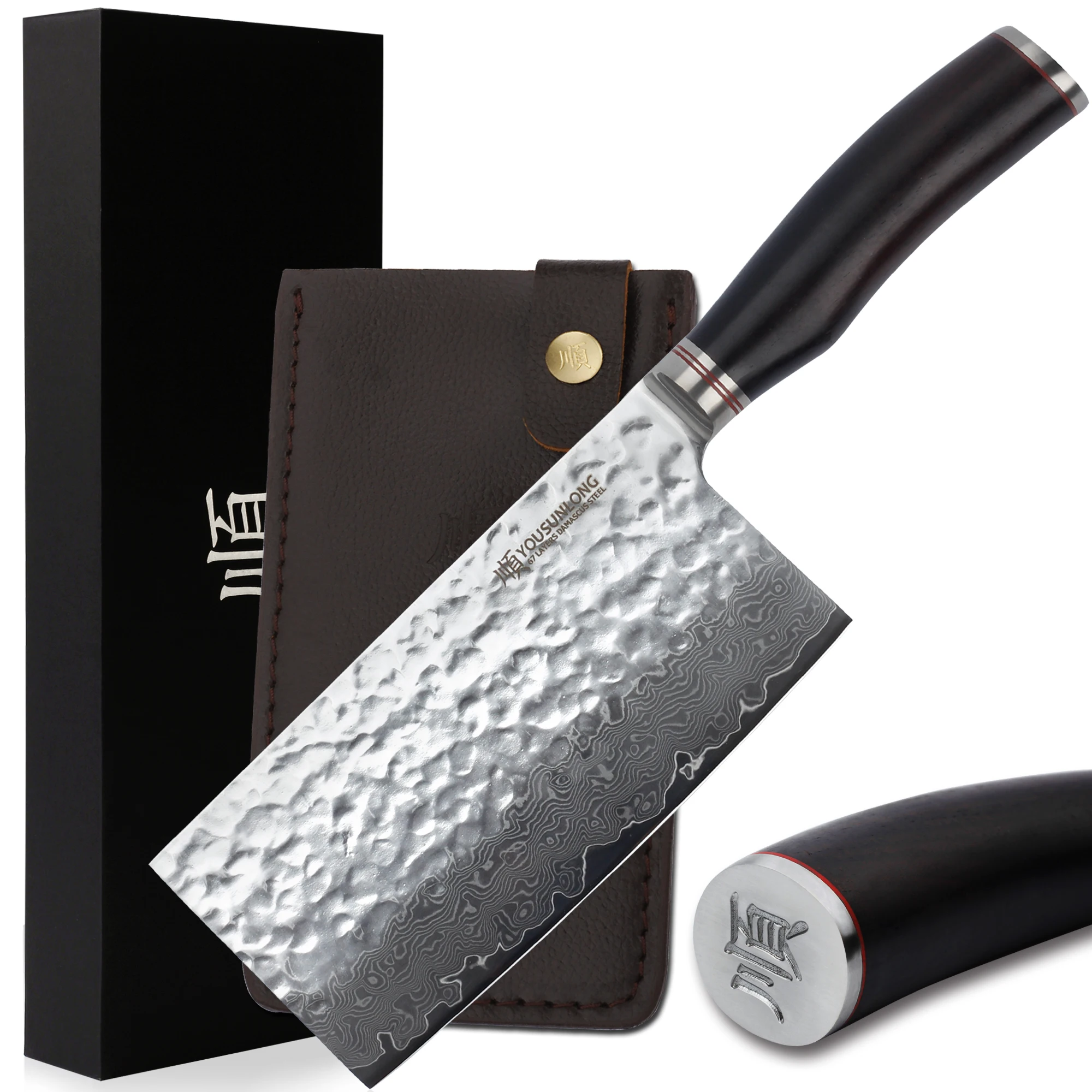 

YOUSUNLONG Meat Cleaver 7 inch Vegetable Cleaver Japanese VG10 Hammered Damascus Natural Ebony Wood Handle