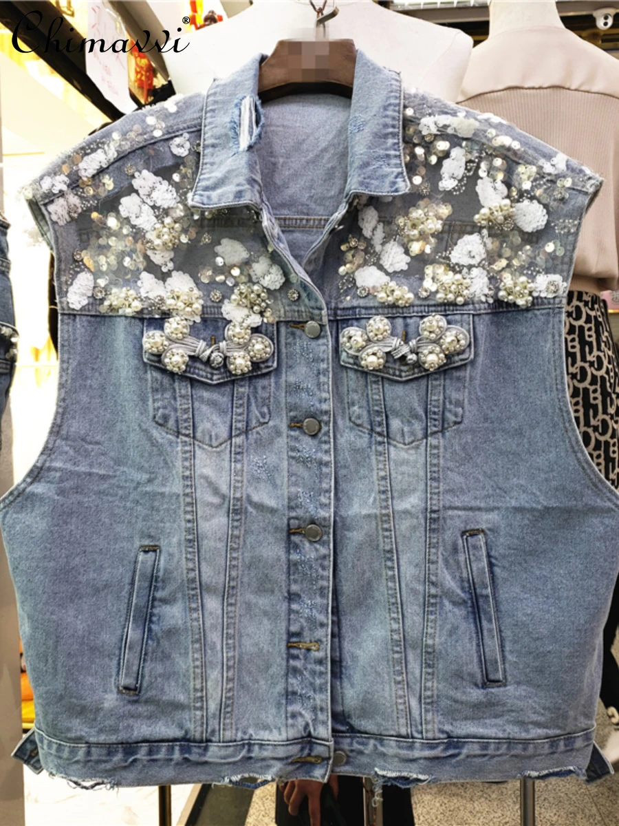 

Hollow Female Personality Fashion Sleeveless Denim Vest 2022 Spring Elegant Streetwear Versatile Handmade Lace Waistcoat Tank