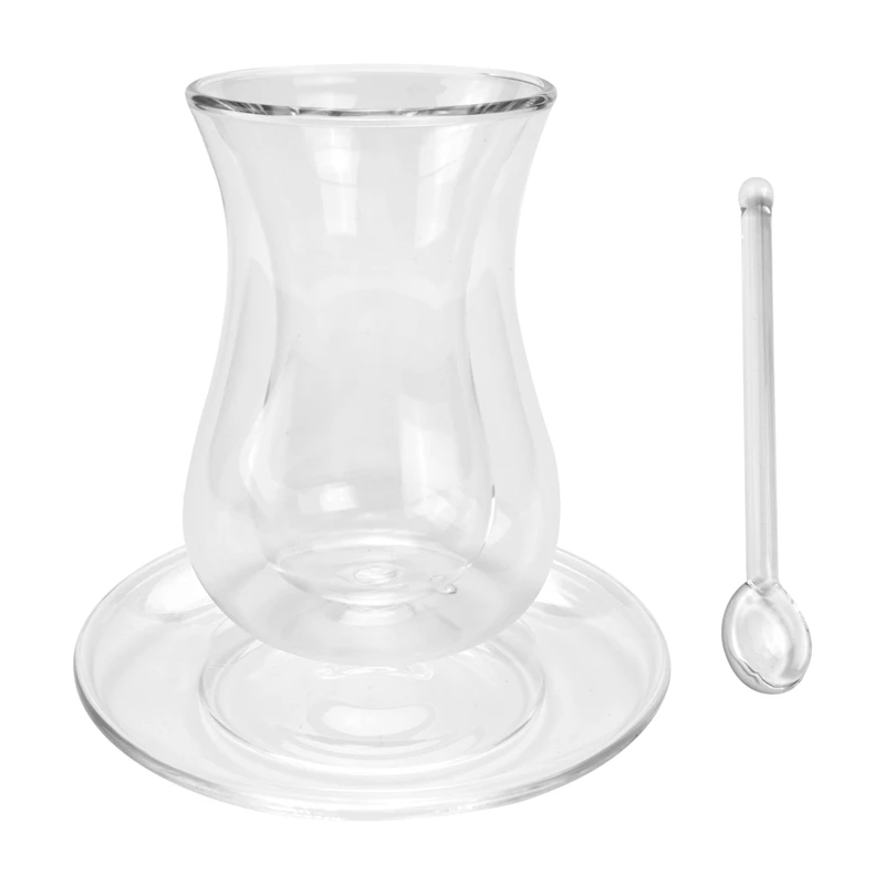 

Coffee Cup Set With Saucer And Glass Spoon Heat Preservation Double Glass Transparent Black Tea Cup Household Tea Cup