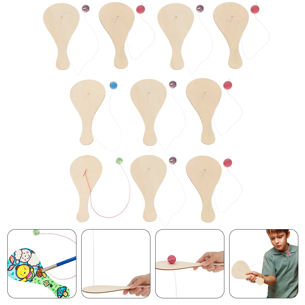 

10 Pcs White Billet Wooden Racket Squiz Toys Unfinished Paddle Manual Kids Plaything Rubber Kids Paddle Toy Child