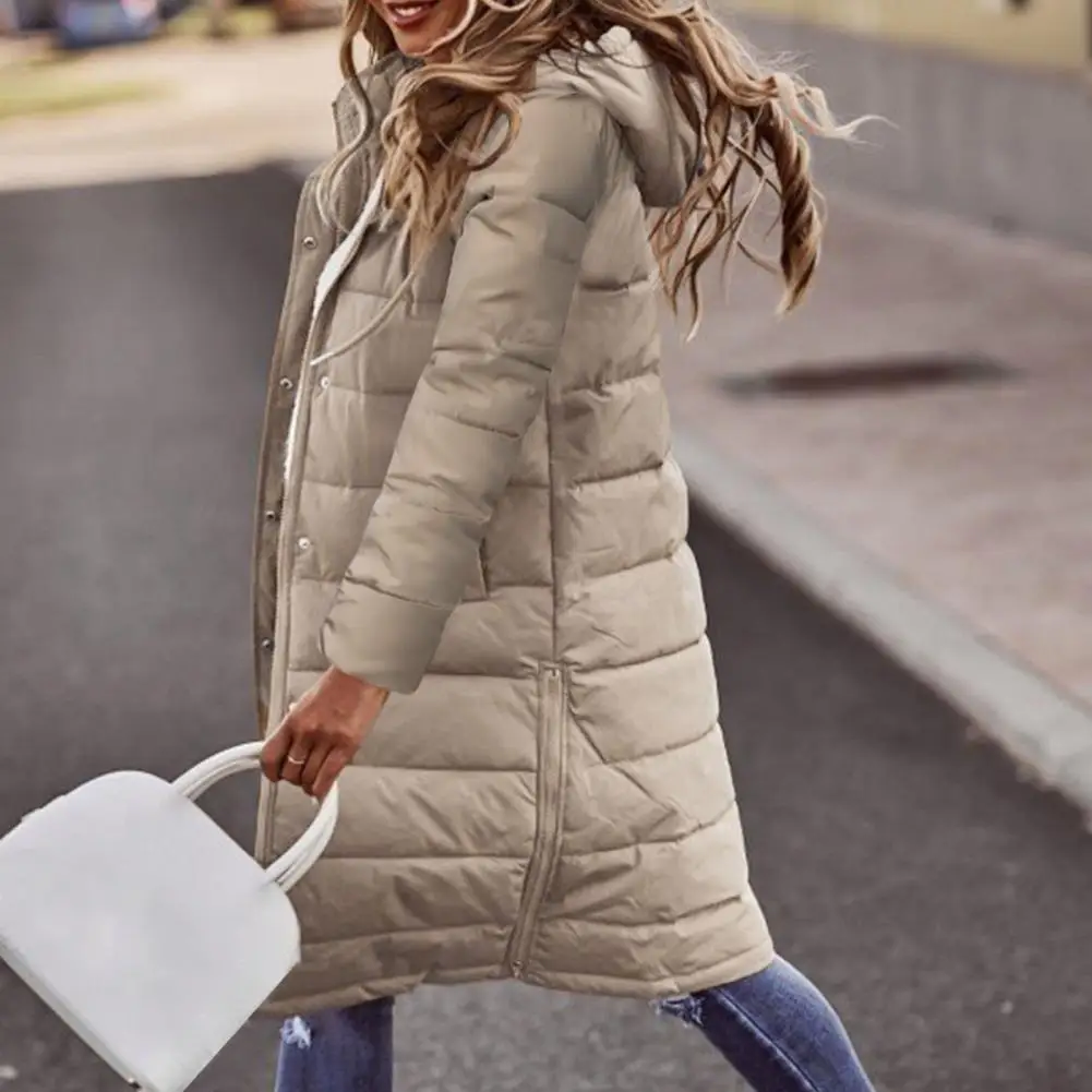 Long Sleeve Pockets Buttons Zipper Placket Thickened Striped Quilted Women Coat Winter Solid Color Hooded Mid-length Down Jacket