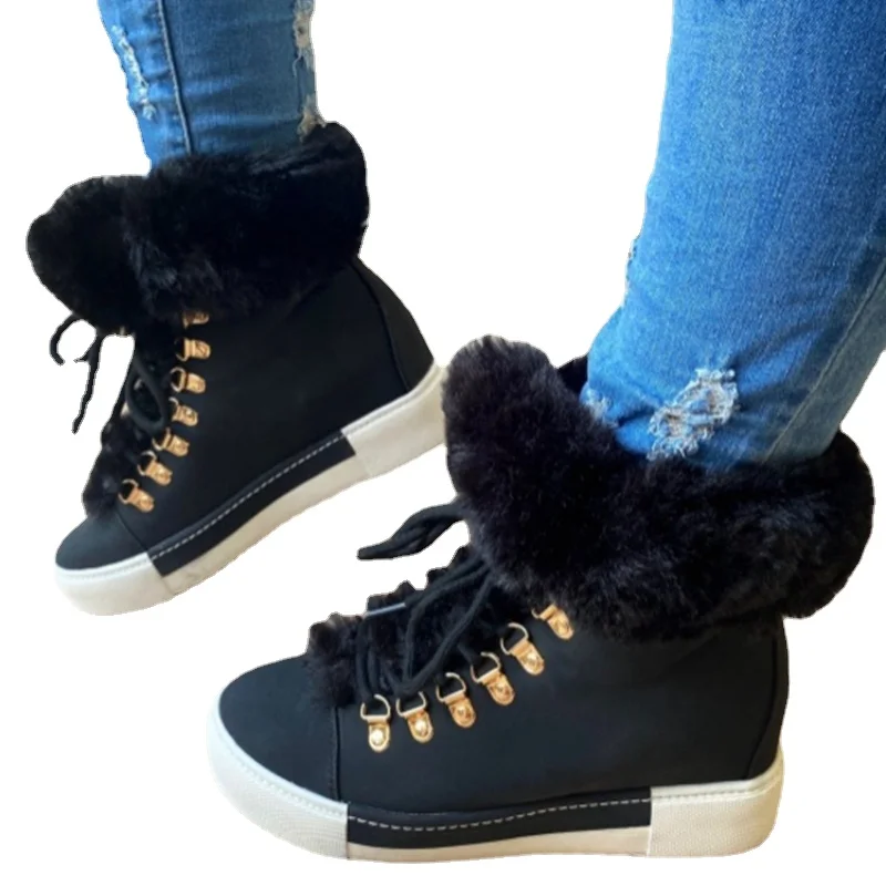 Winter Short Tube Lace, Long Fur Mouth Leather Surface Pile Thickened Warm Snow Boots Women