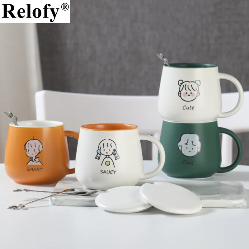 

350ml Ceramic Coffee Cups with Spoon Kawaii Mug Creative Cartoon Lovers Coffee Mugs Breakfast Milk Juice Tea Cup Drinkware