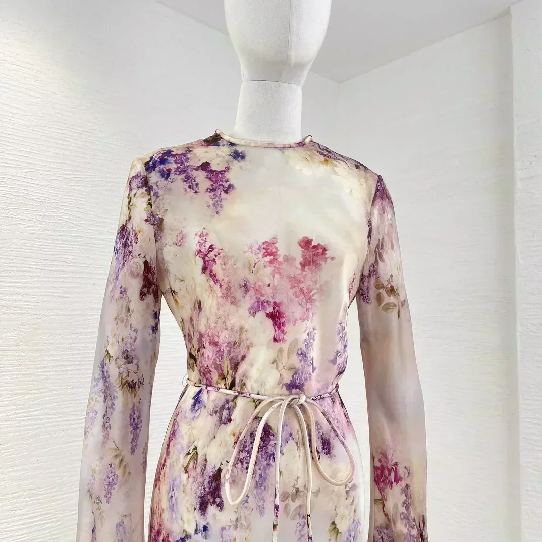Шелковая органза новые поступления фиолетовое платье с цветочным принтом и