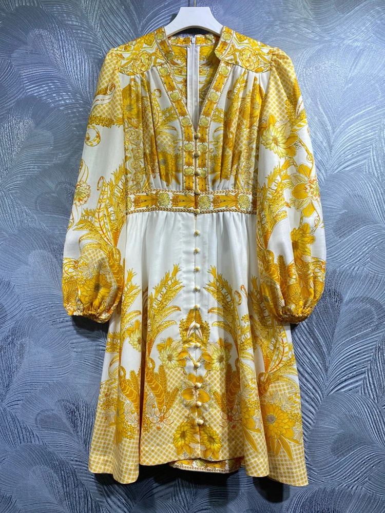 

Seifrmann High Quality Spring Women Fashion Designer Party Midi Dress Lantern Sleeve Single Breasted Vintage Print ALine Dresses