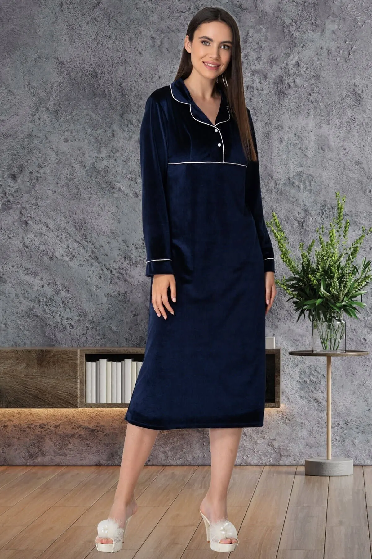 

Женская ночная рубашка Mecit 5545, Темно-Синяя бархатная новая ночная рубашка, женская одежда для сна, ночная рубашка, ночная сорочка