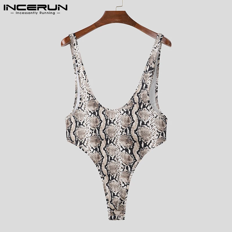 

INCERUN 2022 Men's Short Jumpsuits Loose Comfortable Homewear Male Fashionable Sleeveless Deep V-Collar Printing Bodysuits S-5XL