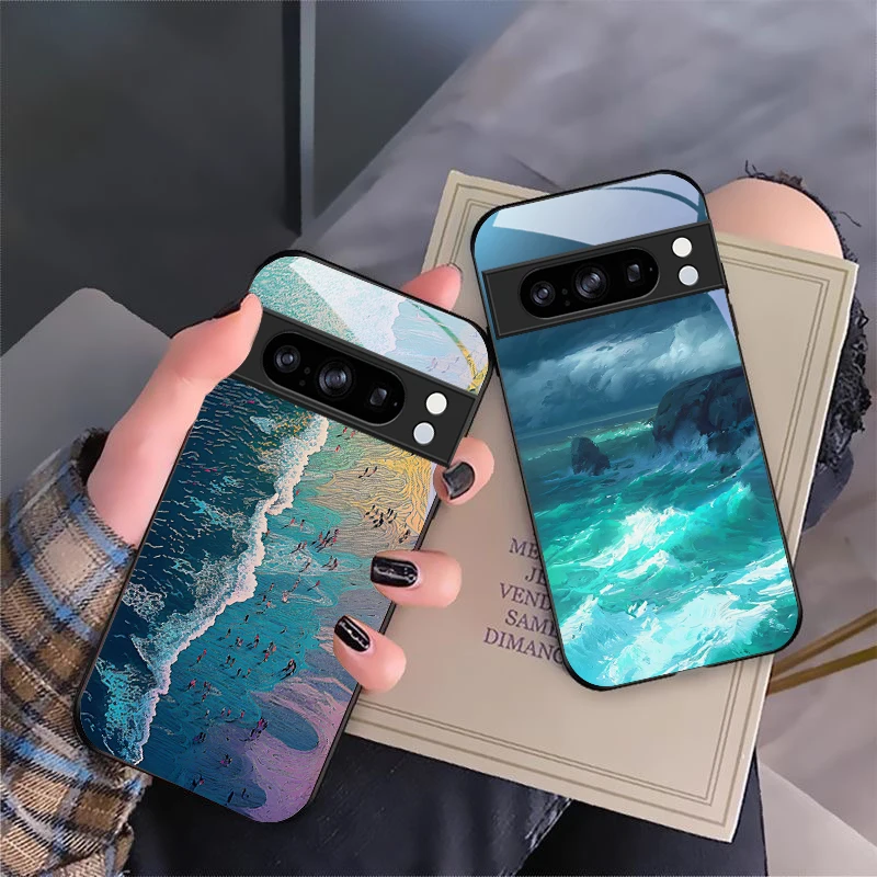 Beach Waves Blue для Google Pixel 8 P ixel 7 Pi xel 7A Pix el 8A G oogle 9 9A 9Pro Pixe l 9Pr o XL Черный стеклянный чехол